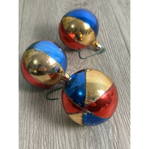 Lot Of 3 Vintage Glass Mica Striped Harlequin Christmas Ornaments Poland READ - Picture 2 of 6